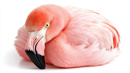 A pink flamingo is laying down on a white surface
