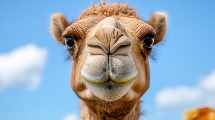 Obraz premium A close up of a camel's face with a blue sky in the background