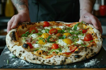 Fresh pizza on black board held by hands, melted cheese, herbs, close-up of vibrant toppings