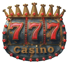 Casino Logo Lucky pink red sevens, royal gold crown, and Jackpot 777 illuminated bright lights and sparkling stars.
