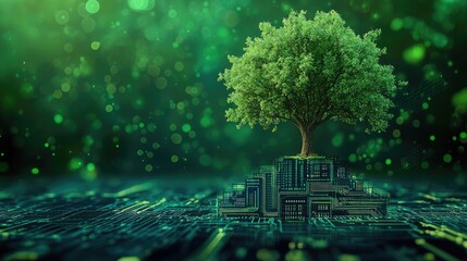 A lush green tree grows from a circuit board, symbolizing the connection between nature and technology. (1)