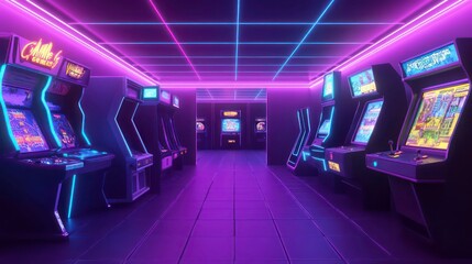 80s video game scene in purple and blue neon colors, three dimensional, 3d, games, arcade created...