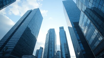 Modern skyscrapers rise towards the blue sky in a bustling urban landscape at sunrise