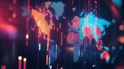 3D rendering of global network connection and innovation concept with screen texture of abstract global stats data on digital interface, world map on dark technological background