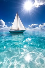 Fototapeta premium A sailboat floating in the ocean under a bright blue sky