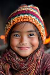 A smiling young girl wearing a colorful hat and scarf