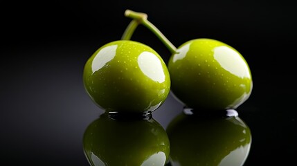 Two green cherries are sitting on a reflective surface