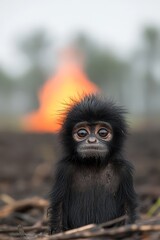 Obraz premium A baby monkey sitting in front of a fire