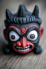 A close up of a black and red mask on a wooden table