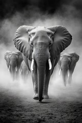 Fototapeta premium A herd of elephants walking across a dirt field