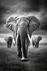 Naklejka premium A herd of elephants walking across a grass covered field