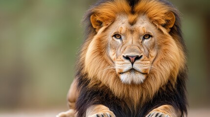 A close up of a lion laying down on the ground