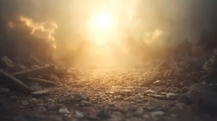 Naklejka premium A desolate landscape with rubble and debris scattered across the ground, with a hazy, golden sunset in the background.