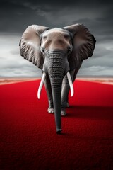Obraz premium An elephant walking across a red field under a cloudy sky
