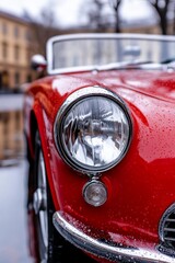 A red car is parked on the side of the road