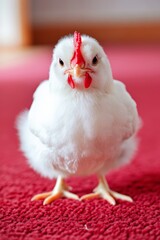 A small white chicken standing on a red carpet