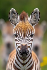 Naklejka premium A close up of a baby zebra looking at the camera