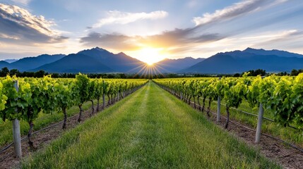 Naklejka premium A vineyard with mountains in the background at sunset