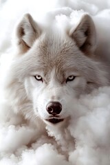 Obraz premium A white wolf laying in the snow with blue eyes