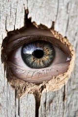  A close up of a person's eye peeking out of a hole in a wooden wall