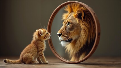 A curious little kitten faces a mirror, where it sees a regal lion looking back