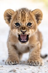 Obraz premium A small lion cub with its mouth open and tongue out