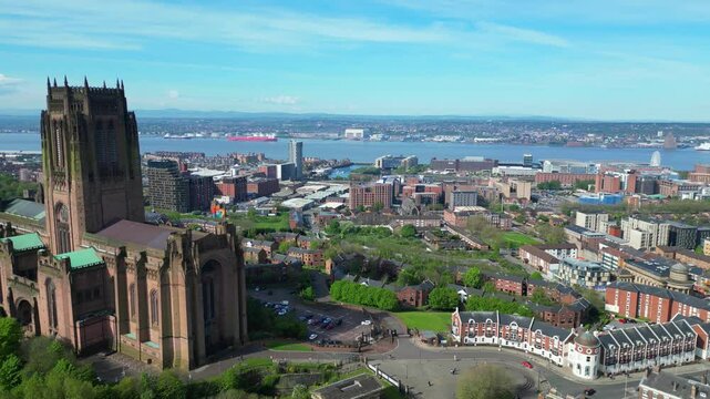 High Angle View of Historical and Modern British City Centre of Liverpool, Maritime city in northwest England, United Kingdom. Aerial Footage Was Captured with Drone's Camera on May 5th, 2024