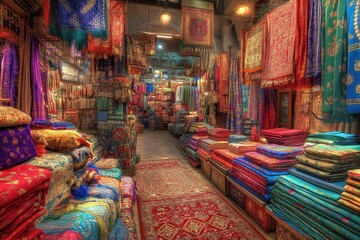 A colorful marketplace in Morocco with stalls covered in fabrics of red, blue, green, and gold