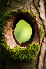 A hole in a tree with moss growing on it
