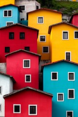 A group of colorful houses with windows on each side of them