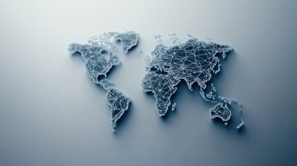A flat world map features blue network connections on a textured grey background, emphasizing global communication and connectivity