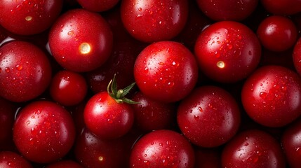 A bunch of red tomatoes with water droplets on them