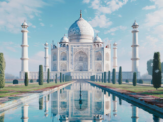 Fototapeta premium Taj Mahal (India) – A stunning white marble mausoleum, a symbol of love and architectural beauty, cinematic style, Compositing Core, 8k, detailed,