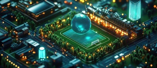 Obraz premium Futuristic city with a glowing earth globe in a green field.
