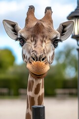 A close up of a giraffe looking at the camera