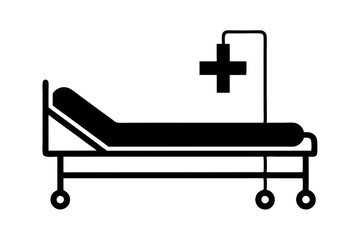 Hospital bed and cross with medicine dropper icon.