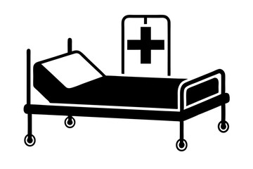 Hospital bed and cross with medicine dropper icon.