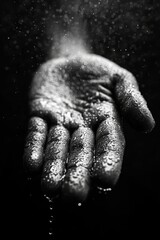 Obraz premium A black and white photo of a person's hand covered in water