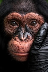  A close up of a chimpanzee's face with a glove on its hand