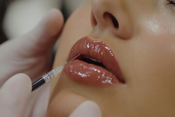 Close-up of cosmetic lip augmentation procedure with dermal filler injection. National Beautician Day