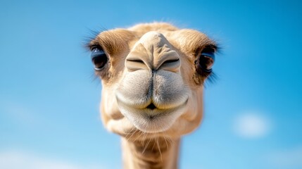  A close up of a camel's face with a blue sky in the background