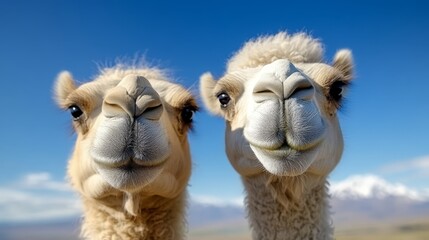 Obraz premium Two camels looking at the camera with mountains in the background