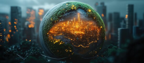 A glowing city encased in a moss-covered orb, surrounded by a futuristic cityscape.