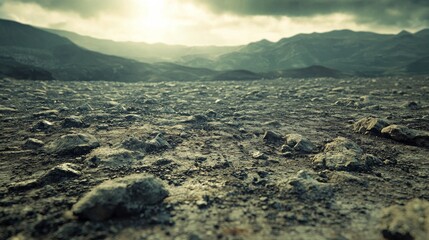 A low angle view of a rocky, barren landscape with a mountain range in the background. The sun shines brightly in the sky.