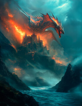 Fire breathing dragon sitting on castle. Fantastic illustration with gragon