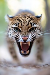 Fototapeta premium A close up of a leopard's face with its mouth open