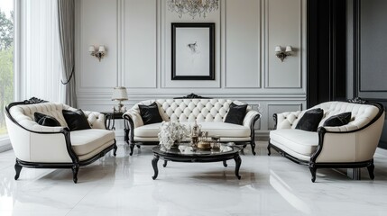 Fototapeta premium A luxurious living room with a white sofa, two armchairs, a coffee table, and a chandelier.
