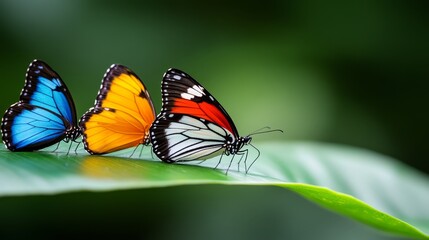 Obraz premium A group of colorful butterflies sitting on top of a green leaf