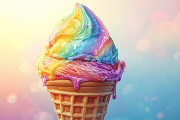 Naklejka premium A colorful scoop of rainbow sherbet ice cream in a waffle cone, dripping slightly under a bright summer sun