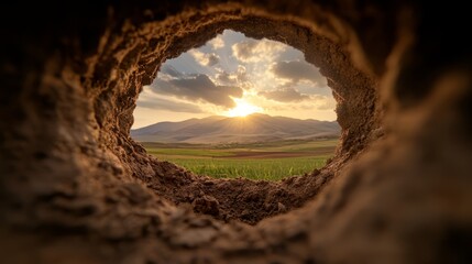 A hole in the ground with a view of the sun setting behind it